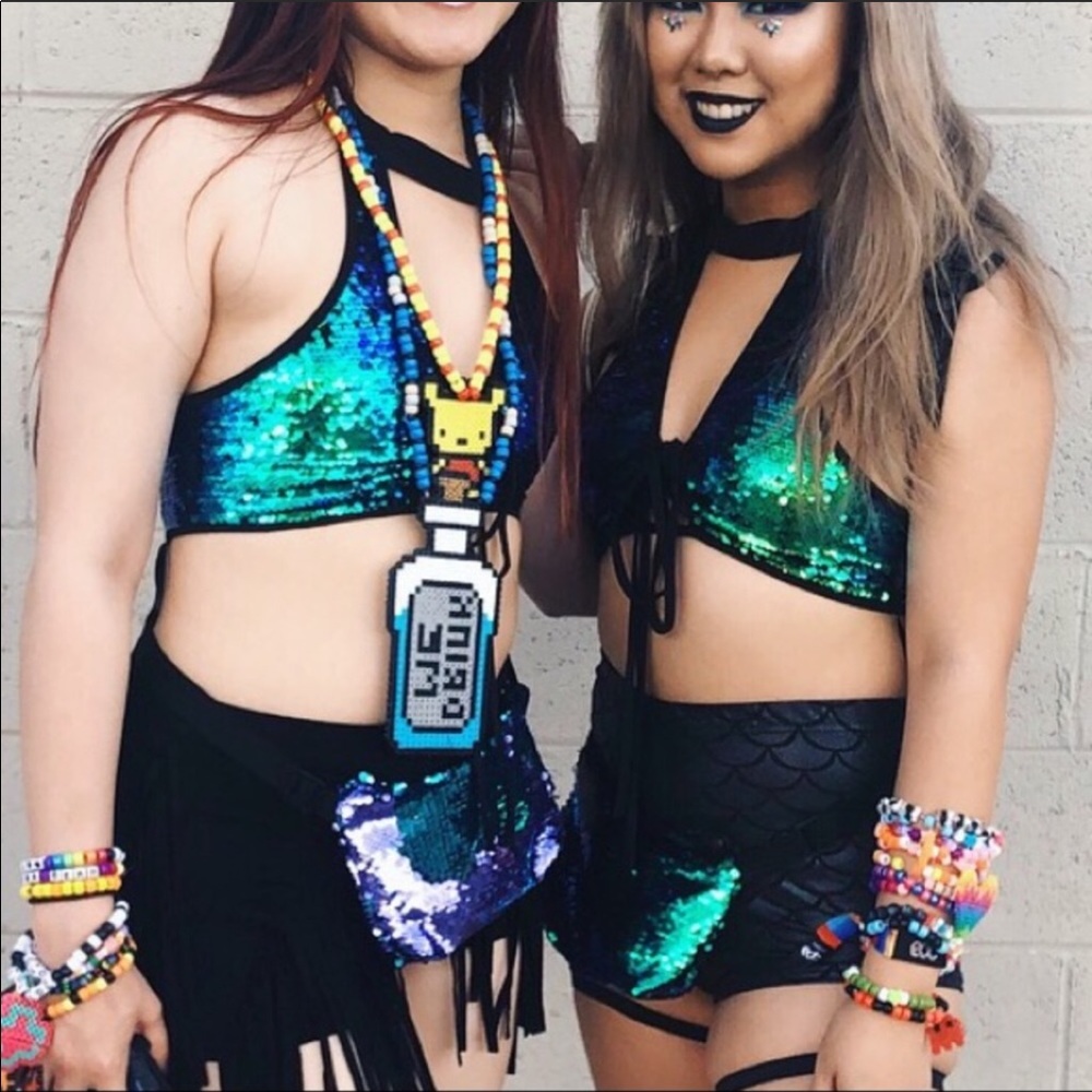 iHeartRaves Lorelei Sequin Lace Up Top Green